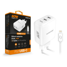 Chytrá síťová nabíječka ALIGATOR Power Delivery 40W, 2xUSB-C, USB-C kabel pro iPhone/iPad, bílá